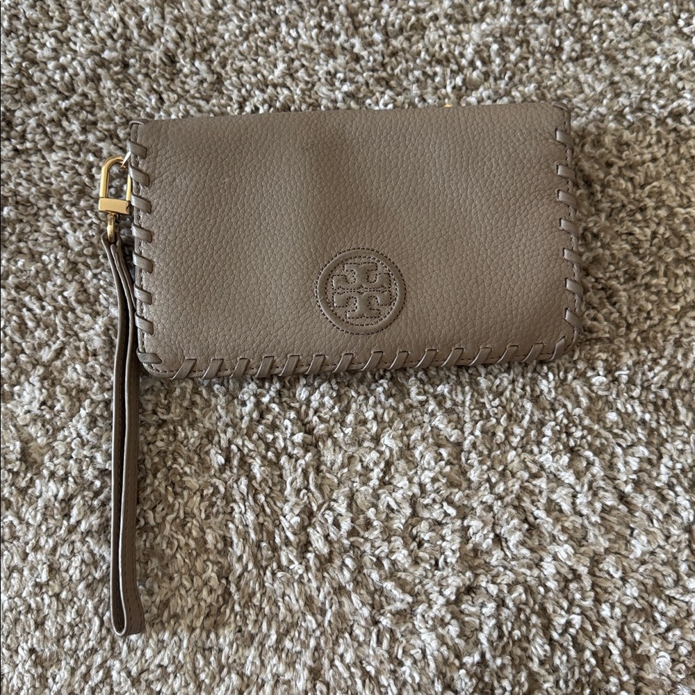 Tory Burch Brown Wristlet with Stitch Detail